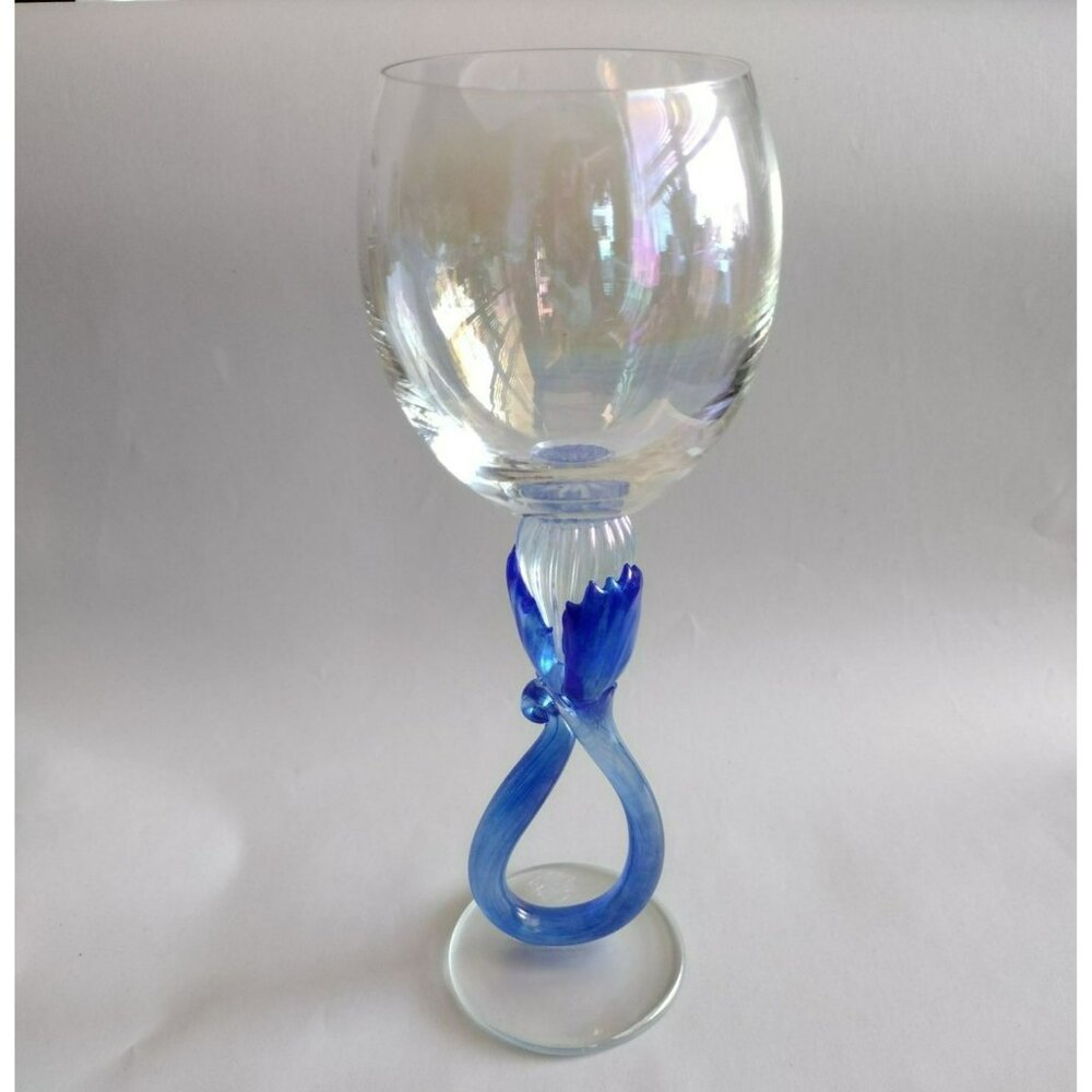 Vintage Handcrafted Clear & Blue Wine Glass Goblet With Twisted Stem Design